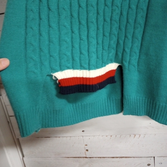 Stripe Sweater V Neck Women's Green Knit Long Sleeve Loose Casual Pullover Med - Picture 9 of 11